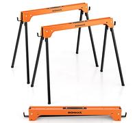 GYMAX Lot de 2 Tréteaux Pliables Métalliques, Chevalet de Sciage Professionnel avec Bras de Soutien de Bois, Poignée de Transport, Patin Antidérapant, pour Bricolage Atelier, Charge Max.600KG(Orange)