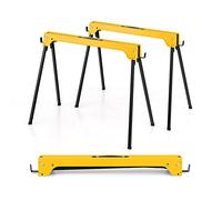 GYMAX Lot de 2 Tréteaux Pliables Métalliques, Chevalet de Sciage Professionnel avec Bras de Soutien de Bois, Poignée de Transport, Patin Antidérapant, pour Bricolage Atelier, Charge Max.600KG (Jaune)
