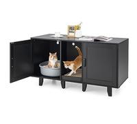 GYMAX Maison de Toilette Chat et Meuble TV 2-en-1, Meuble pour Cacher Bac à Litière, 3 Compartiments, Planche à Gratter, Trous de Ventilation, 120x52x65cm (Noir)