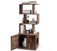 GYMAX Meuble Bac à Litière pour Chat avec 3 Etagères de Rangement, Bibliothèque Irrégulière avec Kit Anti-Basculement, Meuble Multifonfctionnel Intérieur (Marron)