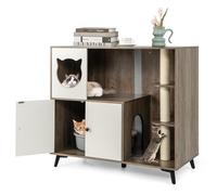 GYMAX Meuble Cache-Bac à Litière pour Chat, 3 Griffoirs à Gratter, Plateformes de Sauts, Condo pour Chat, Maison pour Chats d'Intérieur 2 Niveaux