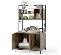 GYMAX Meuble Cache-Litiere Chat avec Planche à Griffer, Compartiment pour Rangement de Nourriture, Espace Privé pour Toilette, Grand Plan de Travail, avec Crochets, Anti-Basculement, 78 x 51 x 137 cm