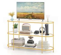 GYMAX Meuble TV en Verre Trempé 3 Étagères, pour Téléviseur Jusqu'à 65", Cadre Métallique, Pieds Réglables, Étagère de Rangement, Style Moderne, Appareils Multimédia Livres, pour Salon Chambre, Or