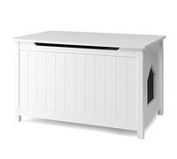 GYMAX Niche pour Chat à Porte Ouvrable, Maison pour Chat Rectangulaire avec Tablette Supérieure Spacieuse et Plaque de Séparation Amovible et Ajustable, Conception à Rabat et Surélevée, Blanc