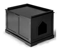 GYMAX Niche pour Chat avec Cloison Amovible et Ajustable, Bac Litière pour Chat avec Porte Magnétique et Fenêtre, Maison de Toilette pour Chat, 75X54X52 CM (Noir)