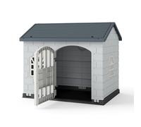 GYMAX Niche pour Chien en Plastique Imperméable, Abri pour Chiot Intérieur et Extérieur, 3 Fenêtres et Porte Verrouillable, pour Petits et Moyens Chiens, 75x58x65cm (Gris)