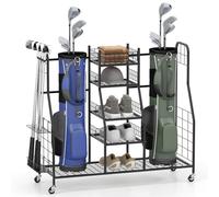 GYMAX Organisateur de Golf, Chariot Métallique pour Rangement de Sacs, Clubs, Chaussures, Balles, Accessoires, 4 roulettes Universelles, Convient pour Garage, sous-Sol, Club