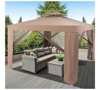 GYMAX Pavillon de Jardin Extérieur à Double Toit 3X3M, Tonnelle de Jardin avec Moustiquaire, 4 Parois Latérales Amovibles, Marron