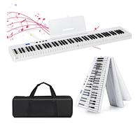 GYMAX Piano numérique pliable à 88 touches, avec Bluetooth, contrôleur USB/MIDI, pédale de sustain, batterie rechargeable et sac de piano, clavier électronique portable pour débutants (blanc)