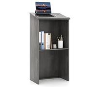 GYMAX Podium à 2 Niveaux en Bois avec Étagère de Rangement (Gris) | Pupitre de Conférence avec Plateau Incliné 58x35cm, 2 Trous pour Câbles, pour Salle de Réunion École Église, Hauteur 116,5cm