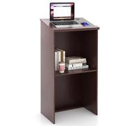 GYMAX Podium à 2 Niveaux en Bois avec Étagère de Rangement (Marron) | Pupitre de Conférence avec Plateau Incliné 58x35cm, 2 Trous pour Câbles, pour Salle de Réunion École Église, Hauteur 116,5cm