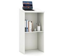 GYMAX Podium à 2 Niveaux en Bois, Pupitre de Conférence avec Étagère de Rangement & Plateau Incliné 58 x 35 cm & 2 Trous pour Câbles, pour Salle de Réunion École Église, Hauteur 116,5cm (Blanc)
