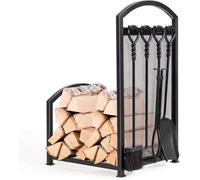 GYMAX Porte-Bûches de Cheminée en Métal avec avec Pelle, Tisonnier, Pinces, Brosse, 69,5 x 39,5 x 43,5 CM, Charge 50 KG,Noir