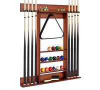 GYMAX Porte Queue Billard Mural avec 8 Trous Baton de Billard et 15 Porte-balles, Support de Queues de Billard en Bois en Pin pour Salle de jeu, Club, Bar(Marron)
