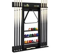 GYMAX Porte Queue Billard Mural avec 8 Trous Baton de Billard et 15 Porte-balles, Support de Queues de Billard en Bois en Pin pour Salle de jeu, Club, Bar(Noir)