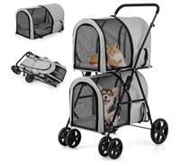 GYMAX Poussette Chien Chat 2 Niveaux, Panier Amobible avec Coussin et Auvent, Sangle de Sécurité, Roues Grandes Verouillables, Chaque Couche Charge Max 15 kg, Gris
