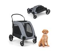 GYMAX Poussette Pliable pour Chien Chat, Chariot de Promenade pour Animaux de Compagnie avec Poignée Réglable & Tapis Intérieur & Roues avec Frein & Fenêtres pour Ventilation, Charge 60 KG