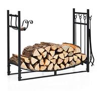 GYMAX Range-Bûches de Cheminée, Abri de Bûches avec 2 Supports Amovibles pour Bois d'Allumage, Support à Bois Intérieur et Extérieur pour Terrasse, Porche, Cour