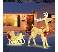 GYMAX Renne 121 cm et Traîneau Lumineux, avec 100 Lumières LED Blanches Chaudes & Piquets de Sol & Attaches de câble,Décoration de Noël de Nuit pour Intérieur, Extérieur, Maison, Pelouse