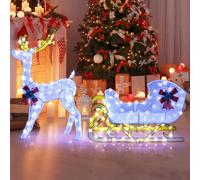 GYMAX Renne et Traîneau Lumineux LED, Décoration de Noël avec 215 Lumières Blanc Froid, 8 Piquets de Sol, Adapteur Fourni, Utilisation Intérieure Extérieure, 184x50x126cm