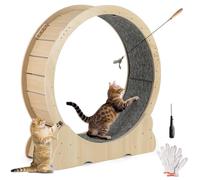 GYMAX Roue d'exercice en Bois pour Chats 101 cm, avec Jouet à Plumes Fourni, Tapis Antidérapants, Mécanisme Verrouillable, Base Large, Roue d'Entraînement à Faible Bruit, Outil de Montage Fourni