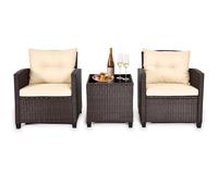 GYMAX Salon de Jardin Extérieur 2 Personnes, 2 Chaises en Rotin & 1 Table Basse en Verre, avec Coussins Ensemble de Conversation pour Jardin, Patio, Terrasse (Beige)