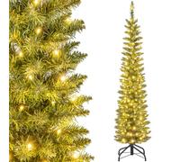 GYMAX Sapin de Noël 150 cm Lumineux Artificiel, en Forme de Crayon, Corps en Sections, avec 296 Branches, 150 Lumières LED Blanc Chaud, Décoration pour Maison, Magasin, Bureau