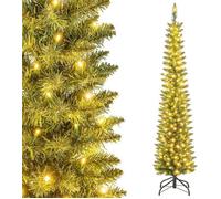 GYMAX Sapin de Noël 180 cm Lumineux Artificiel, 390 Branches, 180 Lumières LED Blanc Chaud, en Forme de Crayon, Corps en 3 Sections