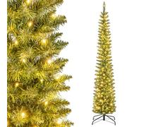 GYMAX Sapin de Noël 210 cm Lumineux Artificiel, en Forme de Crayon, Corps en Sections, avec 499 Branches, 200 Lumières LED Blanc Chaud, Décoration pour Maison, Magasin, Bureau