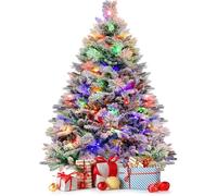 GYMAX Sapin de Noël Artificiel 180 CM, avec 850 Branches et 34 Pommes de Pin, Arbre de Noël Lumineux Blanc avec 8 Modes d’Éclairage