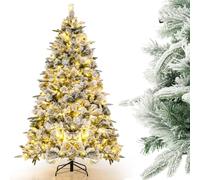 GYMAX Sapin de Noël Artificiel 180cm Lumineux LED, 250 Lumières Blanches Chaudes, Structure 3 Sections Montage Facile, 3 Type de Feuilles Floqué de Neige, pour Décoration Intérieur Maison