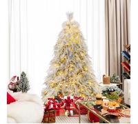 GYMAX Sapin de Noël Artificiel 192CM Pré-Éclairé,Lumières LED Chaude, Recouvert de Neige, Feuilles en Forme de Pin et de Saule