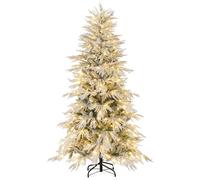 GYMAX Sapin de Noël Blanc Lumineux Artificiel 180cm, 594 Branches Floqué de Neige, 450 Lumières LED Blanc Chaud, Support Métallique Pliable, Structure en 3 Sections, pour Maison, Bureau, Magasin
