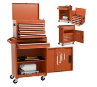 GYMAX Servante d'Atelier Outils, Coffre Amovible, 5 Tiroirs, 2 Grande Étagère, Chariot d'Atelier avec 4 Roues Universelles(2 avec Freins), Caisse à Outil Roulante, Établi Bricolage Automobile (Orange)