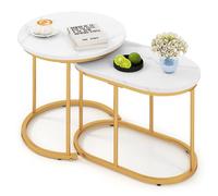 GYMAX Table Basse Gigogne 2 Pièces Combinable Séparable, Bout de Canapé Moderne en Marbre, Structure en Métal Doré, Pieds Réglables, Forme Ronde et Ovale pour Salon