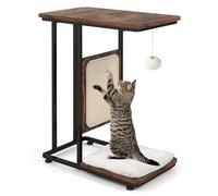 GYMAX Table d'Appoint avec Giffoir pour Chat 2-en-1, Table Basse en Forme 'C', avec Tapis à Gratter en Sisal, Étagère pour Maison de Toilette, Balle de Jeu, Coussin Amovible, Patins Antidérapants