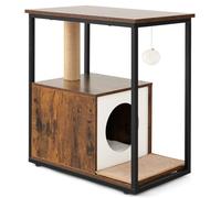 GYMAX Table d'Appoint & Condo pour Chat & Arbre à Chat 3-en-1, Maison de Toilette avec Griffoir en Sisal, Balle de Jeu Suspendue, Coussin Amovible, Dispositif Anti-basculement (Marron Rustique)