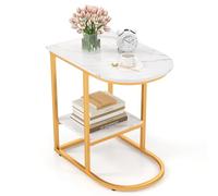 GYMAX Table d'Appoint en Forme de ‘C’, Bout de Canapé avec Plateau en Imitation Marbre, Table de Rangement Compacte à 2 Niveaux pour Petits Espaces, Table de Chevet, pour Salon, Chambre