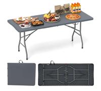 GYMAX Table Pliante Portable, Plateau Spacieux 180 x 74 cm, avec Poignée de Transport, pour Intérieur, Extérieur, Camping, Pique-Nique, Barbecue, Réunion Fête (Gris)