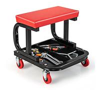 GYMAX Tabouret d'Atelier 2 en 1, avec Siège Rembourré, Plateau à Outils, roulettes, pour Réparation, Garage, Rangement d’Outils, Charge 150 kg