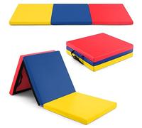 GYMAX Tapis de Gymnastique 180x60x5cm, Portable Pliable en 3 Parties, Combinaisonable avec Attache Auto-Agrippante, Housse en Simili Cuir, Poignées de Transport, pour Yoga, Fitness, Étirement