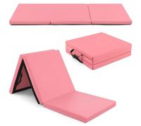 GYMAX Tapis de Gymnastique Épais Pliable 180x60x5cm, Combinaisonable avec Attache Auto-Agrippante, Housse en Simili Cuir, Portable avec Poignées de Transport, pour Yoga, Fitness, Étirement(Rose Chaud)