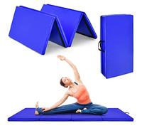 GYMAX Tapis de Gymnastique Pliable Épais 240x116x5cm, Combinaisonable avec Attaches Auto-Agrippante, Portable avec Poignée de Transport, pour Fitness, Exercice, Yoga, Étirement, Pilate (Bleu)