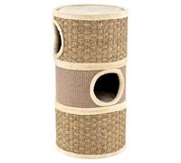 GYMAX Tonneau Griffoir avec 3 Grandes Entrées, Revêtu de Sisal et Cordes Tissées Résistants à Gratter, Perchoir Supérieur Doux à Se Reposer, Trous Internes, 36 x 36 x 70 cm