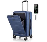 GYMAX Valise Cabine 20'', Poche Avant & Port USB Type-C & Tige Télescopique à 4 Niveaux & roulettes Lisses & Double Serrure TSA, Bagage à Main pour Voyages d'affaires (Bleu)