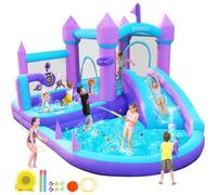 GYMMALL Maison Gonflable à Rebondir pour Enfants de 3 à 8 Ans, Château Gonflable Purple Dream avec Toboggan à Eau et Souffleur d'air 480W, Grande Maison Gonflable avec Espace de Saut Piscine à Balles
