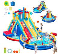 GYMMALL Toboggan Gonflable d'eau avec souffleur 550 W, Parc Aquatique Gonflable 8 en 1 pour Enfants, intérieur/extérieur, avec Grande Piscine, Doubles toboggans et Doubles Murs d'escalade
