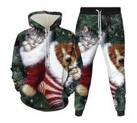 Gymnastique Complet Homme Pull-over Imprimé de Noël Sweat à Capuche à Manches Longues Sweat à Capuche Pantalon de Sport Confort Ensemble de Sweats pour Hommes de Gymnastique Hiver, Vert #2, XXL