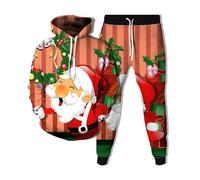 Gymnastique Complet Homme Pull-over Imprimé de Noël Sweat à Capuche à Manches Longues Sweat à Capuche Pantalon de Sport Confort Ensemble de Sweats pour Hommes de Gymnastique Hiver, Orange #3, XXXXL