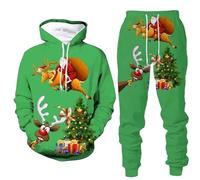 Gymnastique Complet Homme Pull-over Imprimé de Noël Sweat à Capuche à Manches Longues Sweat à Capuche Pantalon de Sport Confort Ensemble de Sweats pour Hommes de Gymnastique Hiver, Vert #1, S